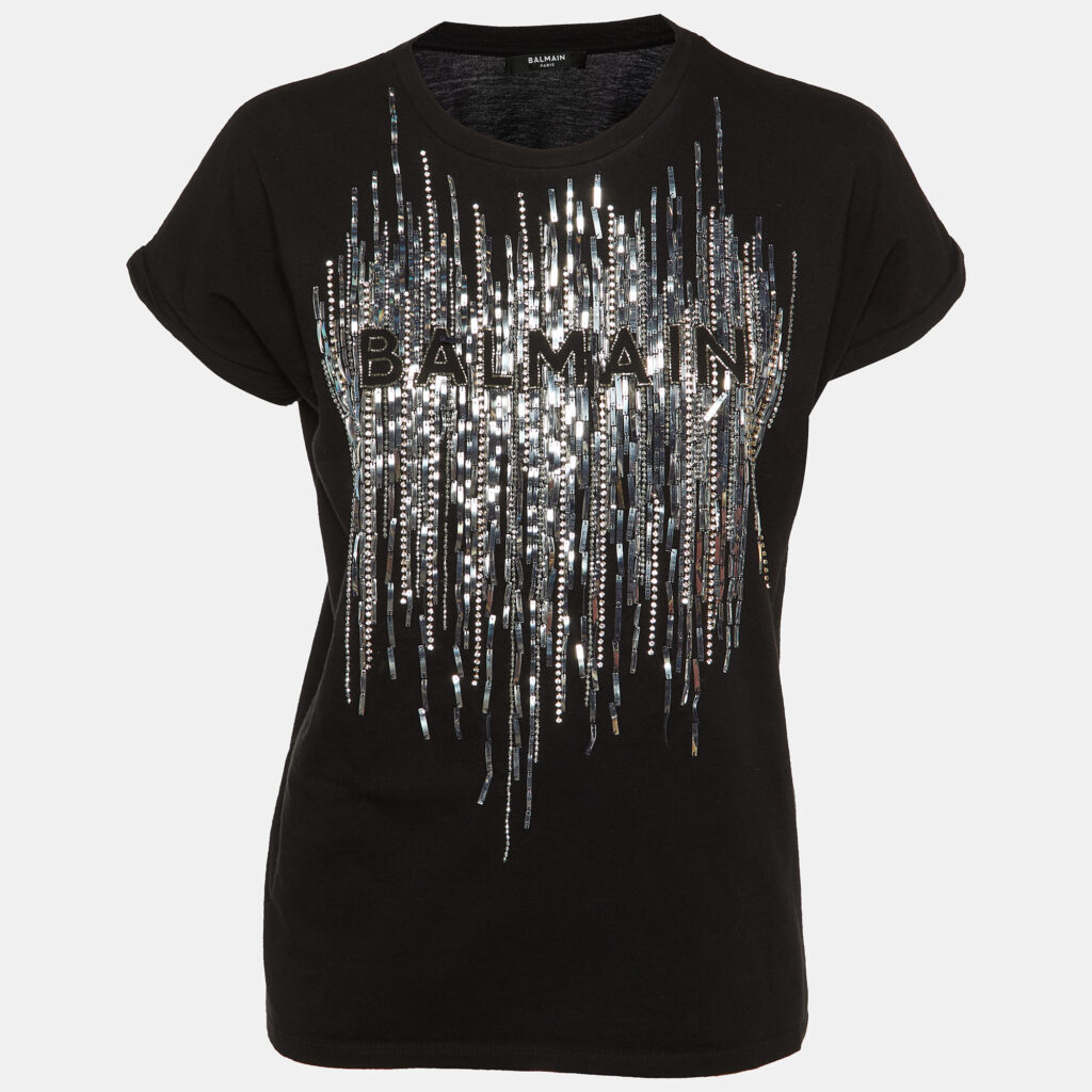 luxury-women-balmain-used-clothes-p1148655-004 Balmain Black Logo Embellished Crew Neck T-Shirt XS