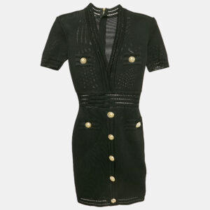 Balmain Black Mesh Knit Button Detail Bodycon Mini Dress M