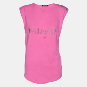 Balmain Pink Logo Print Cotton Knit Button Front Sleeveless Top M