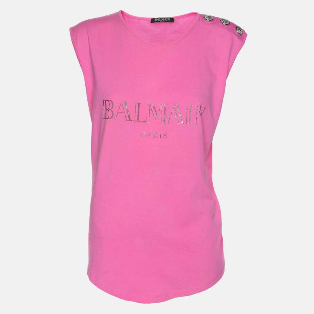 Balmain Pink Logo Print Cotton Knit Button Front Sleeveless Top M