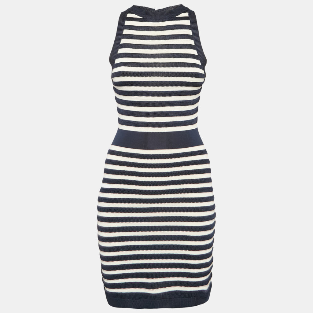 luxury-women-balmain-used-clothes-p1154509-007 Balmain Navy Blue/White Stripe Knit Sleeveless Mini Dress S
