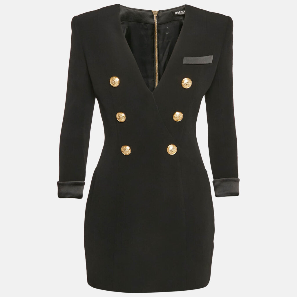 Balmain Black Crepe Double Breasted Mini Dress M