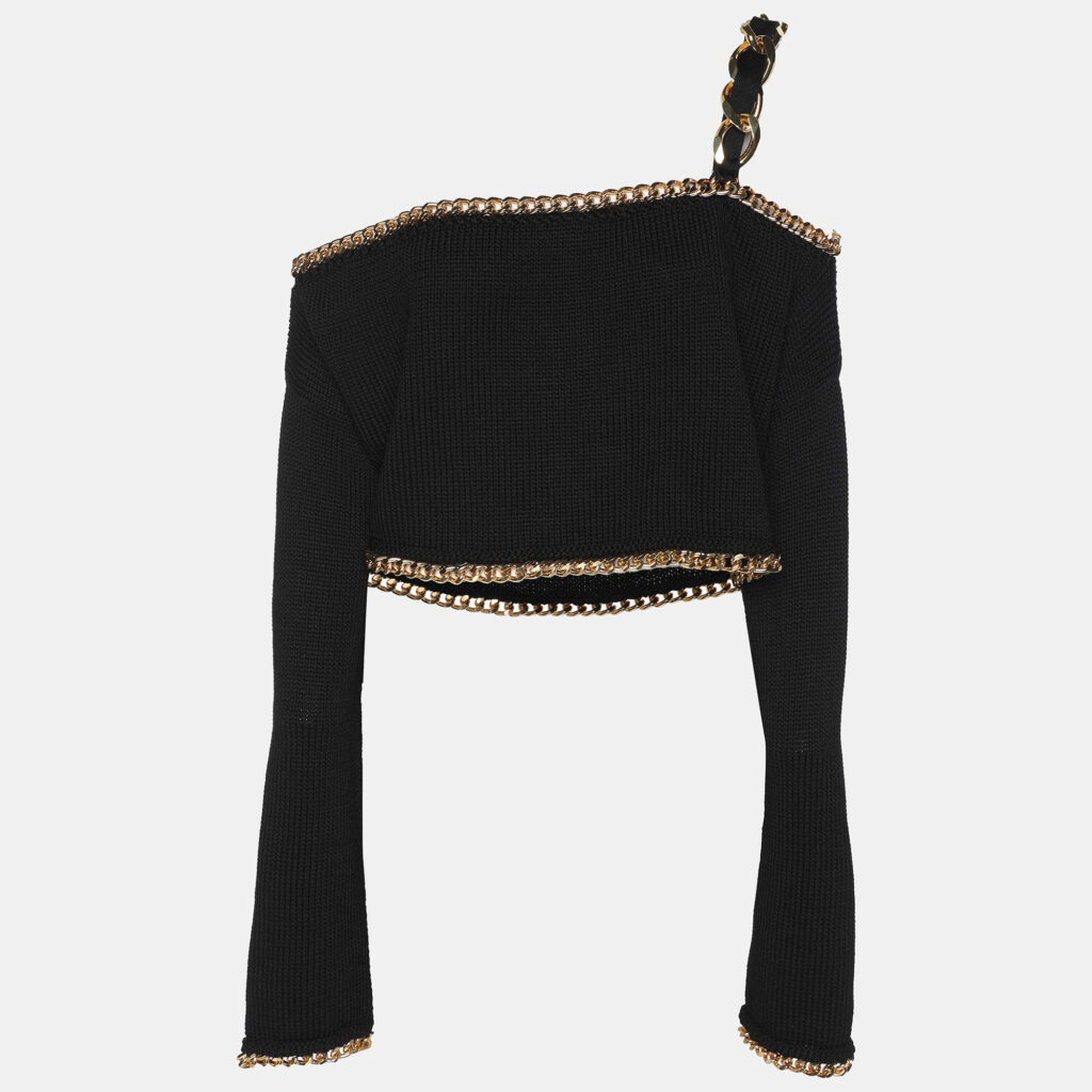 luxury-women-balmain-used-clothes-p1158666-002.jpg Balmain Black Rib Knit Chain Trim Off The Shoulder Crop Top M