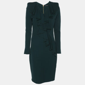 balmain green crepe ruffle midi dress m