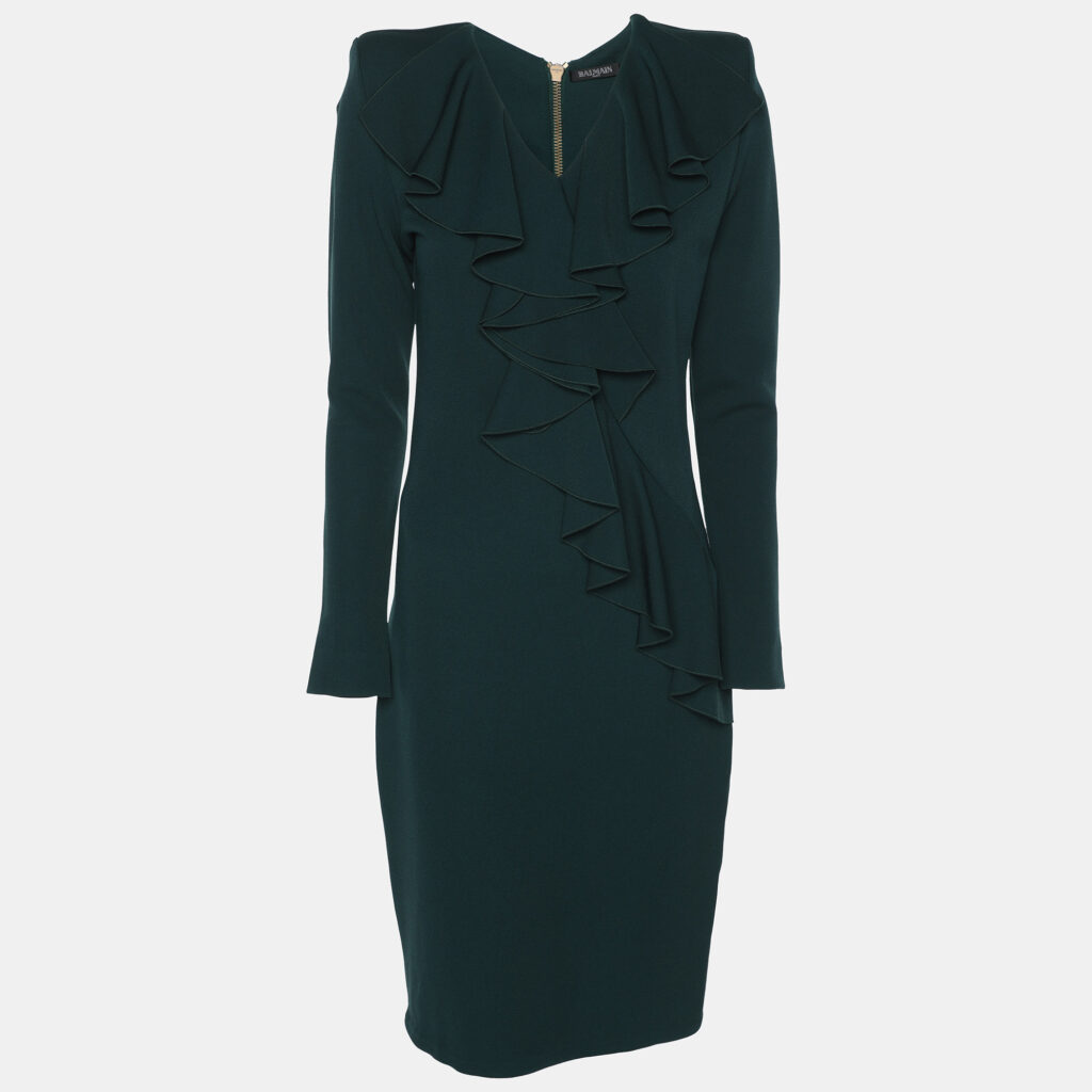 luxury-women-balmain-used-clothes-p1159863-002.jpg Balmain Green Crepe Ruffle Midi Dress M