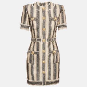 Balmain Beige/Black Frayed Sequin Striped Piqu&eacute; Mini Dress S