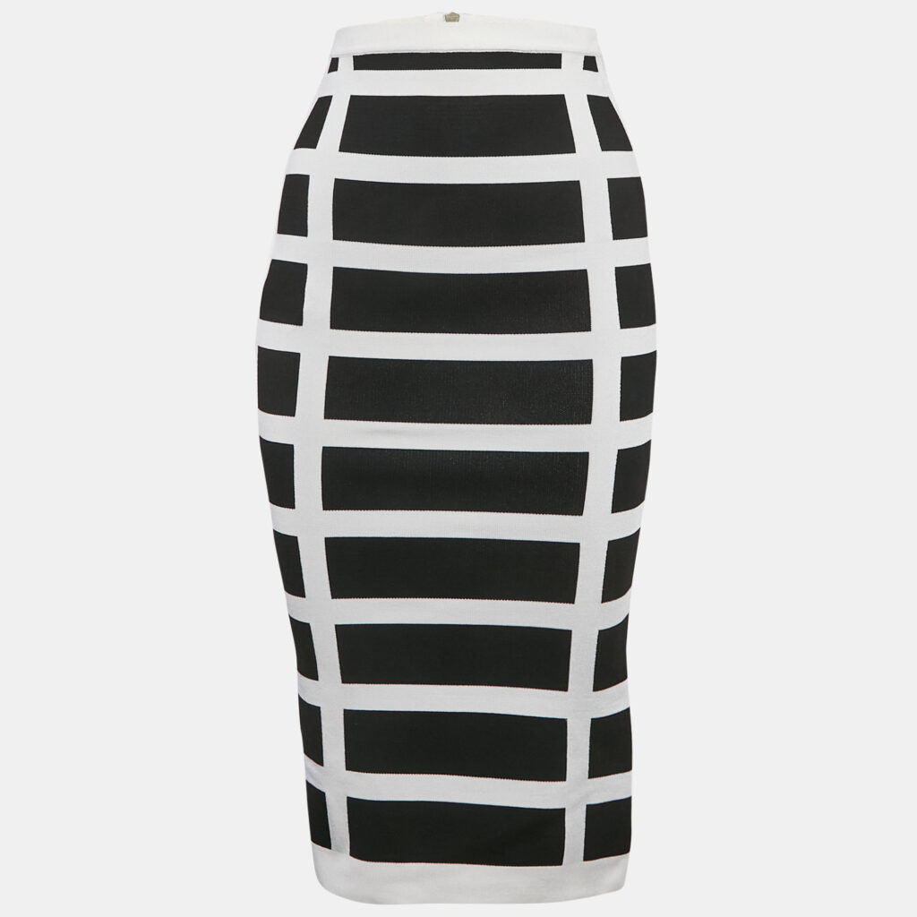 Balmain White/Black Intarsia Knit Zip-Up Pencil Midi Skirt S