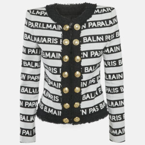 Balmain White/Black Striped Logo Cotton Tweed Trim Blazer M