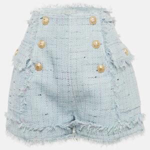 Balmain Blue Tweed Button Detail Fringed Shorts M