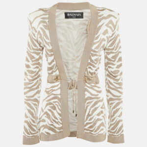 Balmain Beige/White Zebra Pattern Jacquard Knit Drawstring Detail Cardigan S