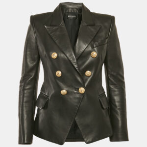 balmain black leather double breasted jacket m