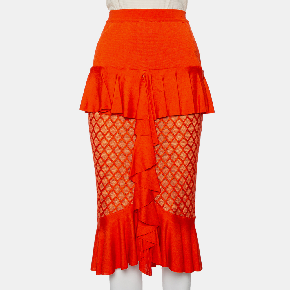 luxury-women-balmain-used-clothes-p421003-008 Balmain Orange Knit Ruffled Midi Skirt M