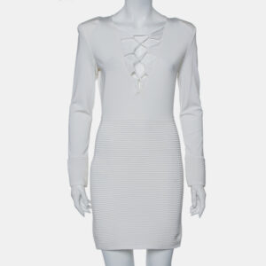 Balmain White Textured Knit Lace Up Tie Detail Mini Dress M