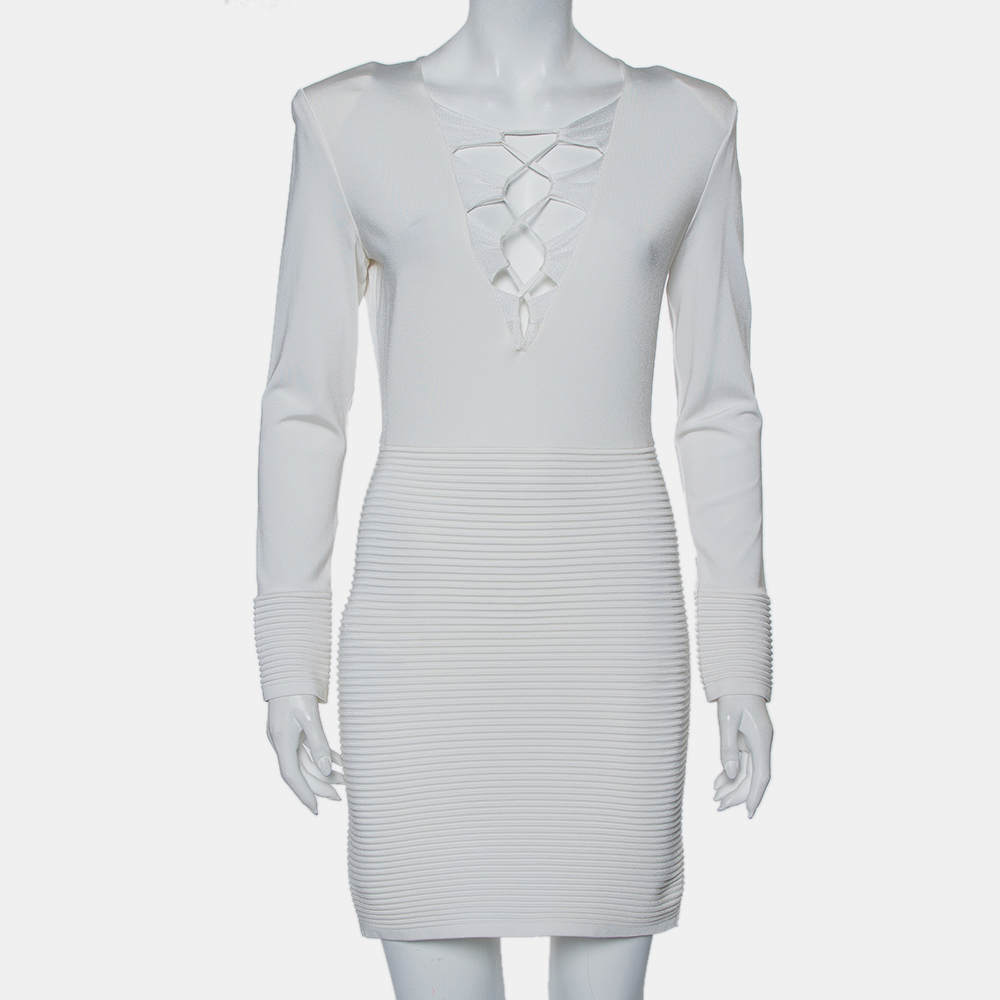 luxury-women-balmain-used-clothes-p423215-009 Balmain White Textured Knit Lace Up Tie Detail Mini Dress M