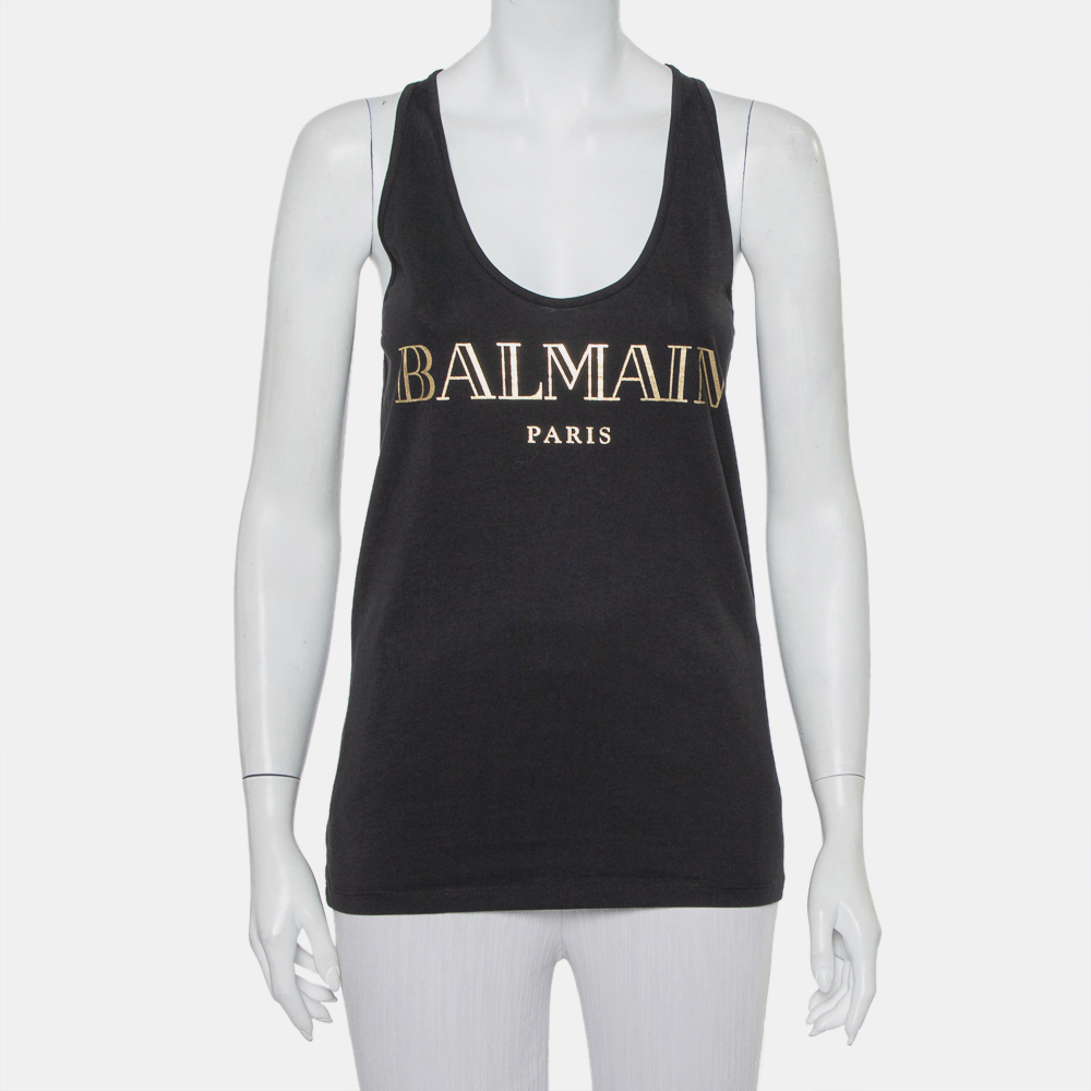 luxury-women-balmain-used-clothes-p423226-009 Balmain Black Cotton Logo Printed Tank Top M