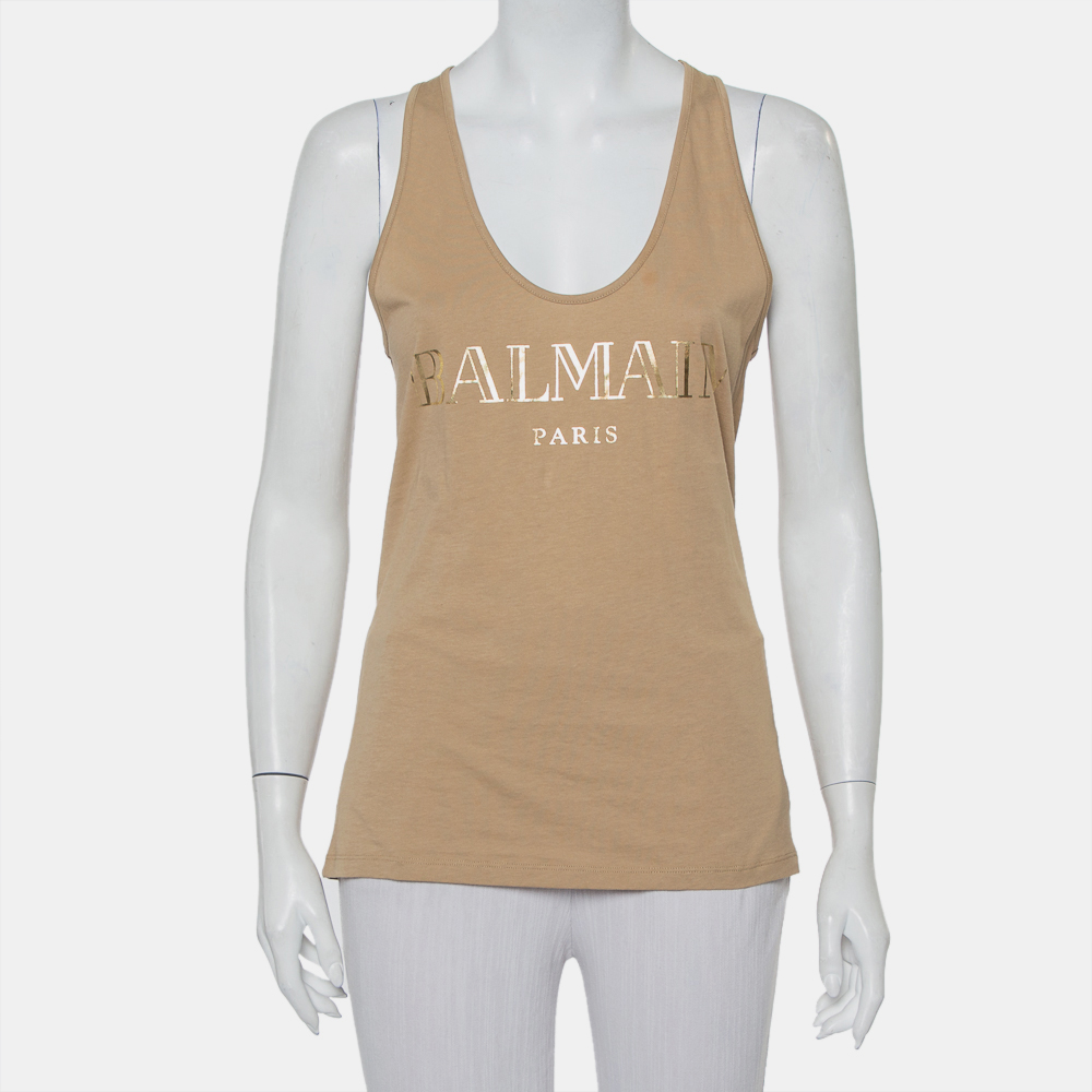luxury-women-balmain-used-clothes-p423375-008 Balmain Beige Cotton Logo Printed Tank Top M