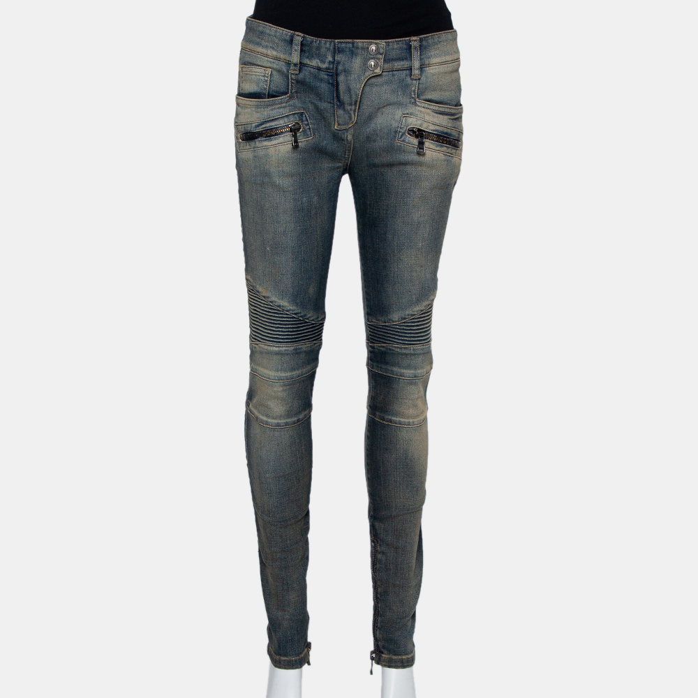 luxury-women-balmain-used-clothes-p423644-012 Balmain Blue Denim Quilted Detail Faded Effect Biker Jeans M
