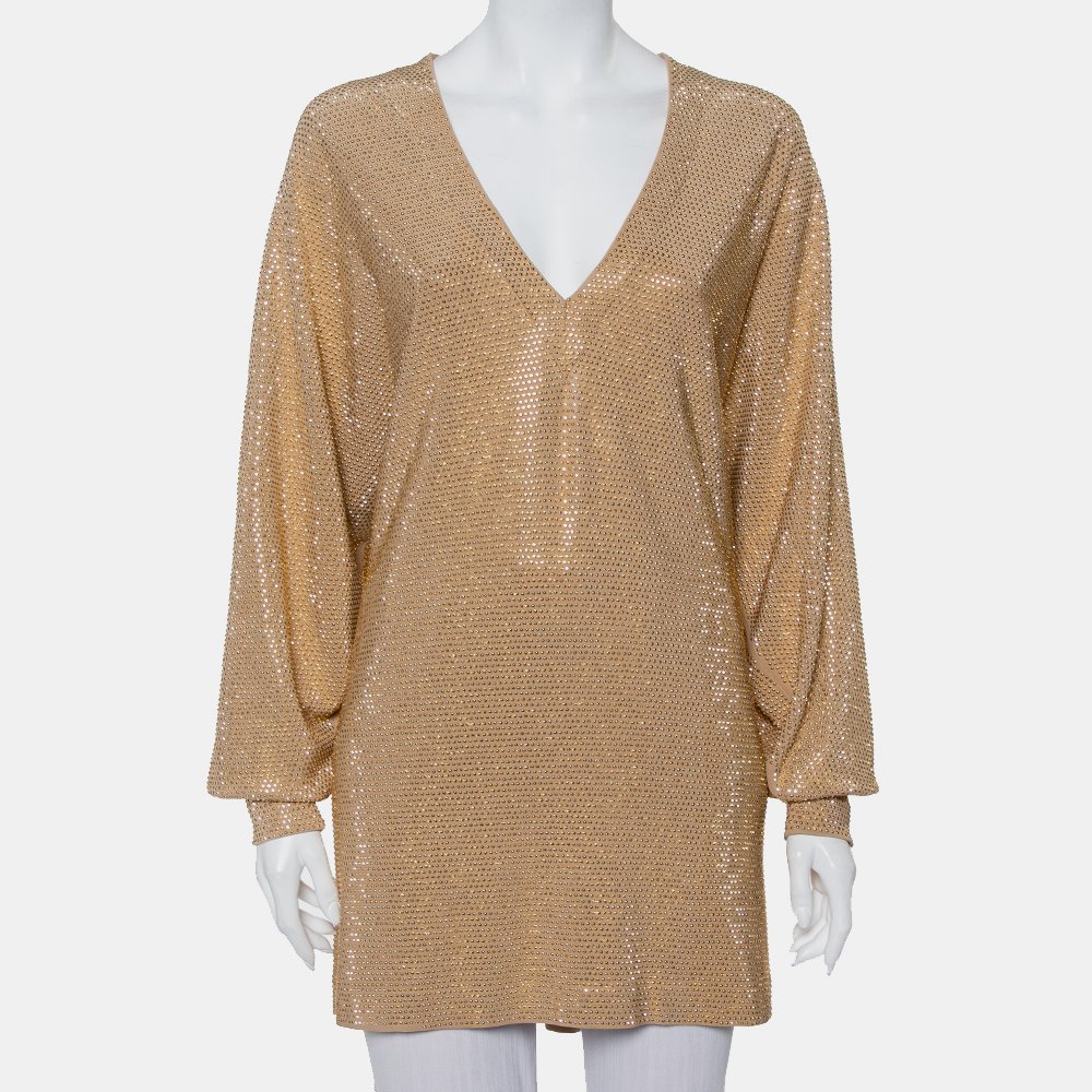 luxury-women-balmain-used-clothes-p423696-010 Balmain Gold Rhinestone Embellished Knit V-Neck Oversized Top M
