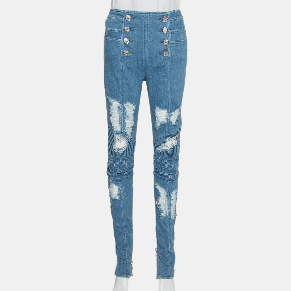 luxury-women-balmain-used-clothes-p430564-010 Balmain Blue Denim High Waist Distressed Jeans M