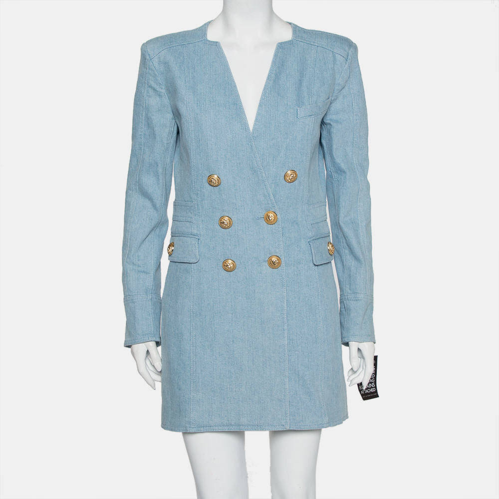luxury-women-balmain-used-clothes-p431458-009 Balmain Blue Denim Double Breasted Mini Dress L