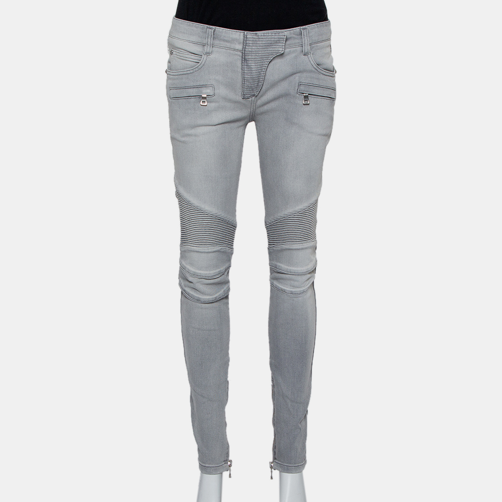 luxury-women-balmain-used-clothes-p432228-011 Balmain Grey Denim Biker Jeans M