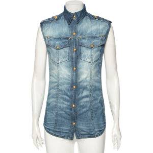 Balmain Blue Faded Effect Denim Pocket Detailed Button Front Sleeveless Shirt S