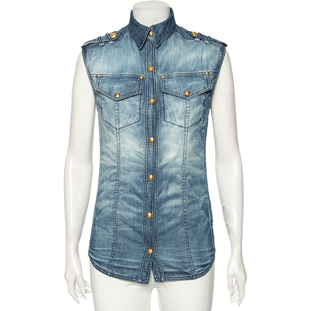 luxury-women-balmain-used-clothes-p503680-007-2 Balmain Blue Faded Effect Denim Pocket Detailed Button Front Sleeveless Shirt S
