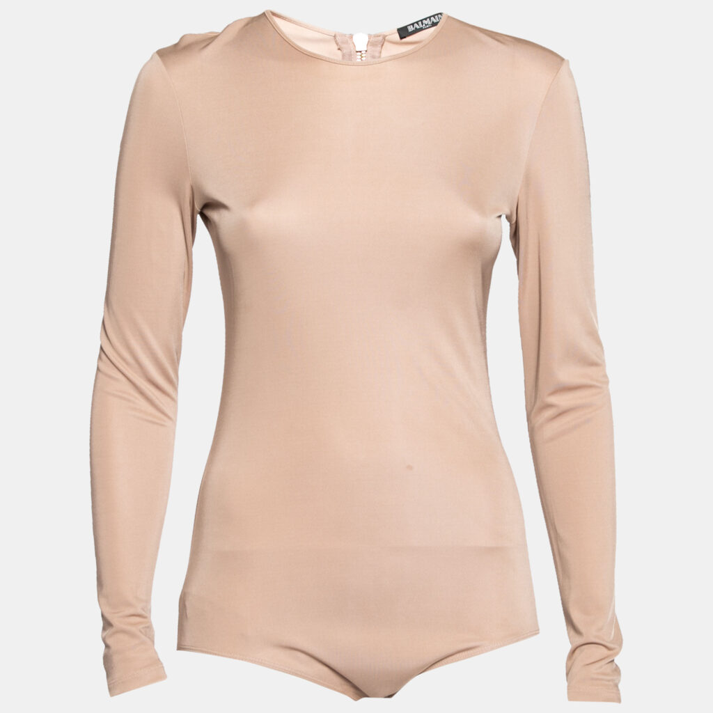 luxury-women-balmain-used-clothes-p627646-001-2 Balmain Nude Stretch Knit Long Sleeve Bodysuit M