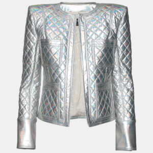 Balmain Silver Holographic Quilted Open Front Jacket M