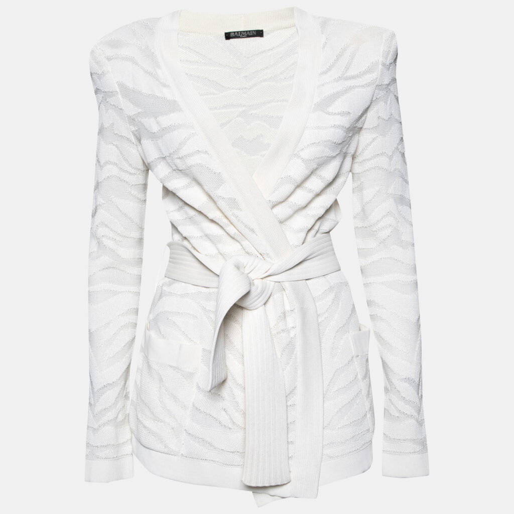 luxury-women-balmain-used-clothes-p627673-001-2 Balmain White Zebra Textured Knit Belted Wrap Cardigan M