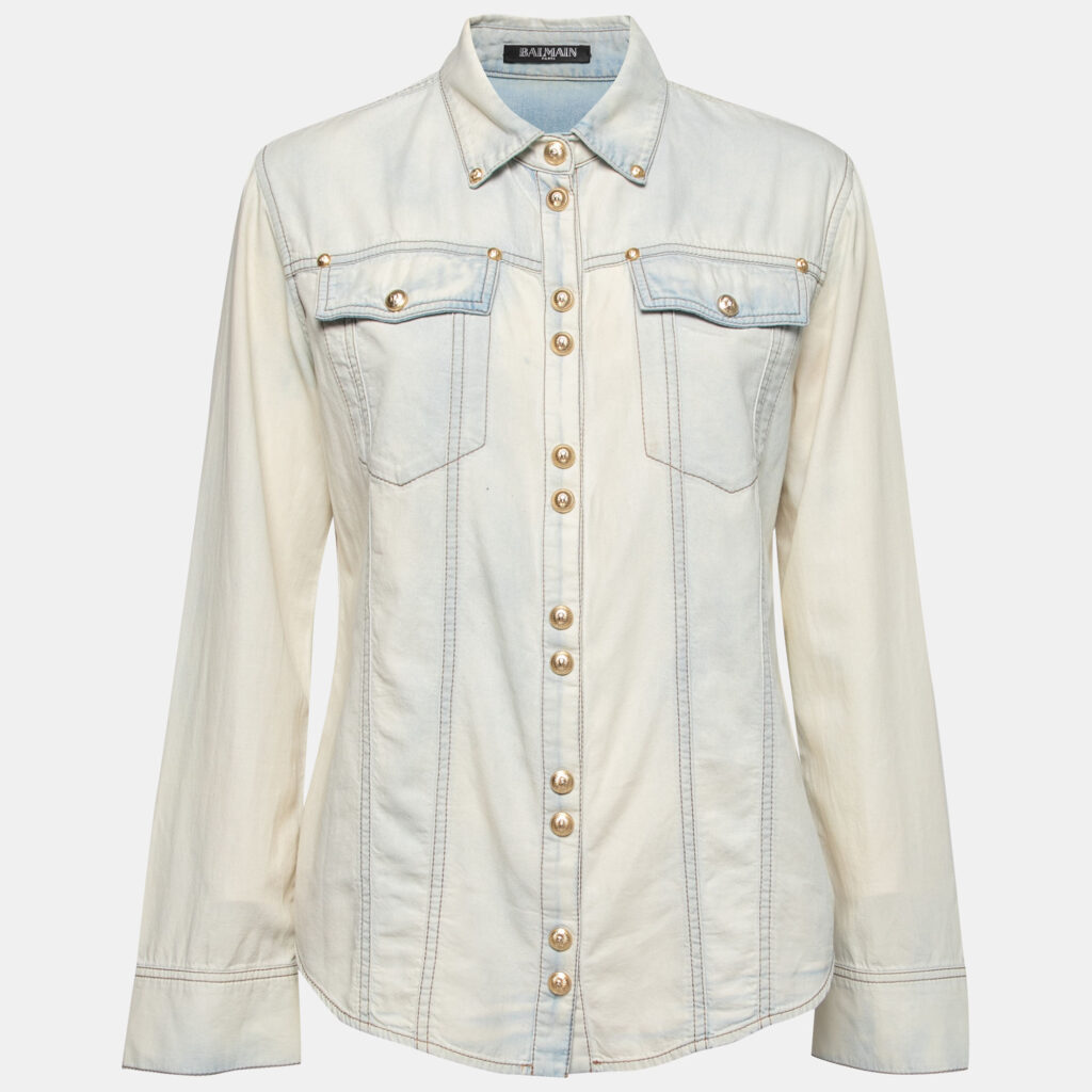 luxury-women-balmain-used-clothes-p641988-001-2 Balmain Bleached Blue Denim Long Sleeve Button Front Shirt M