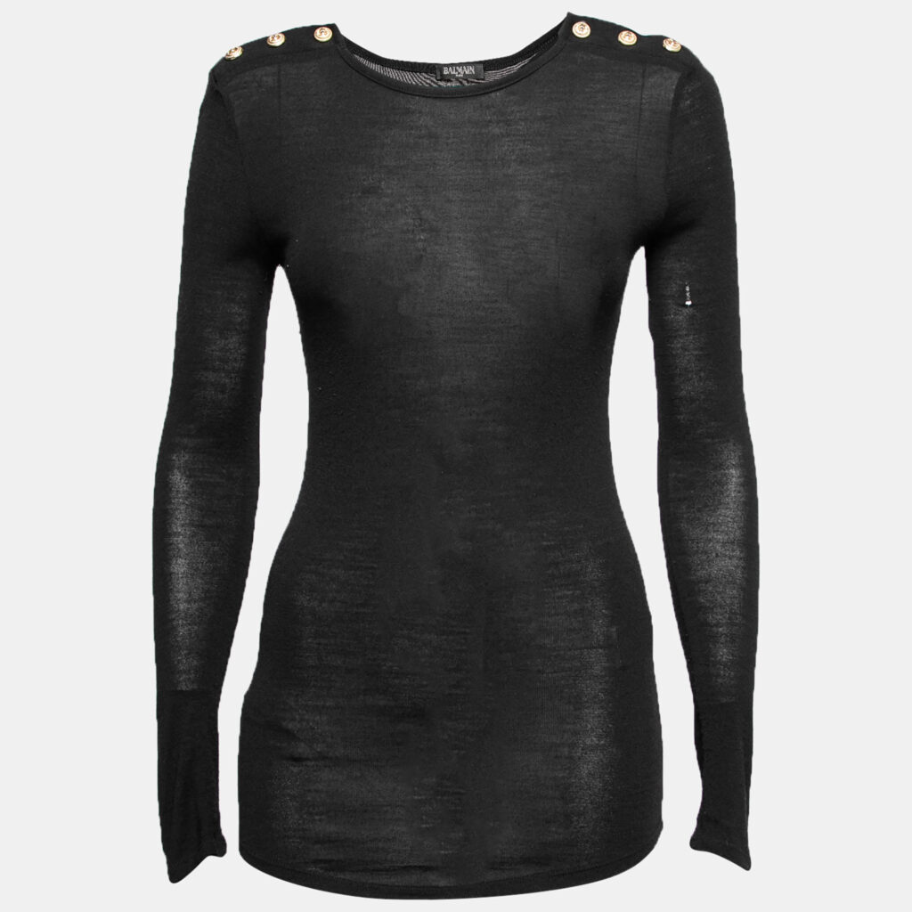 luxury-women-balmain-used-clothes-p642093-004-2 Balmain Black Wool Button Detail Long Sleeve Sweater M