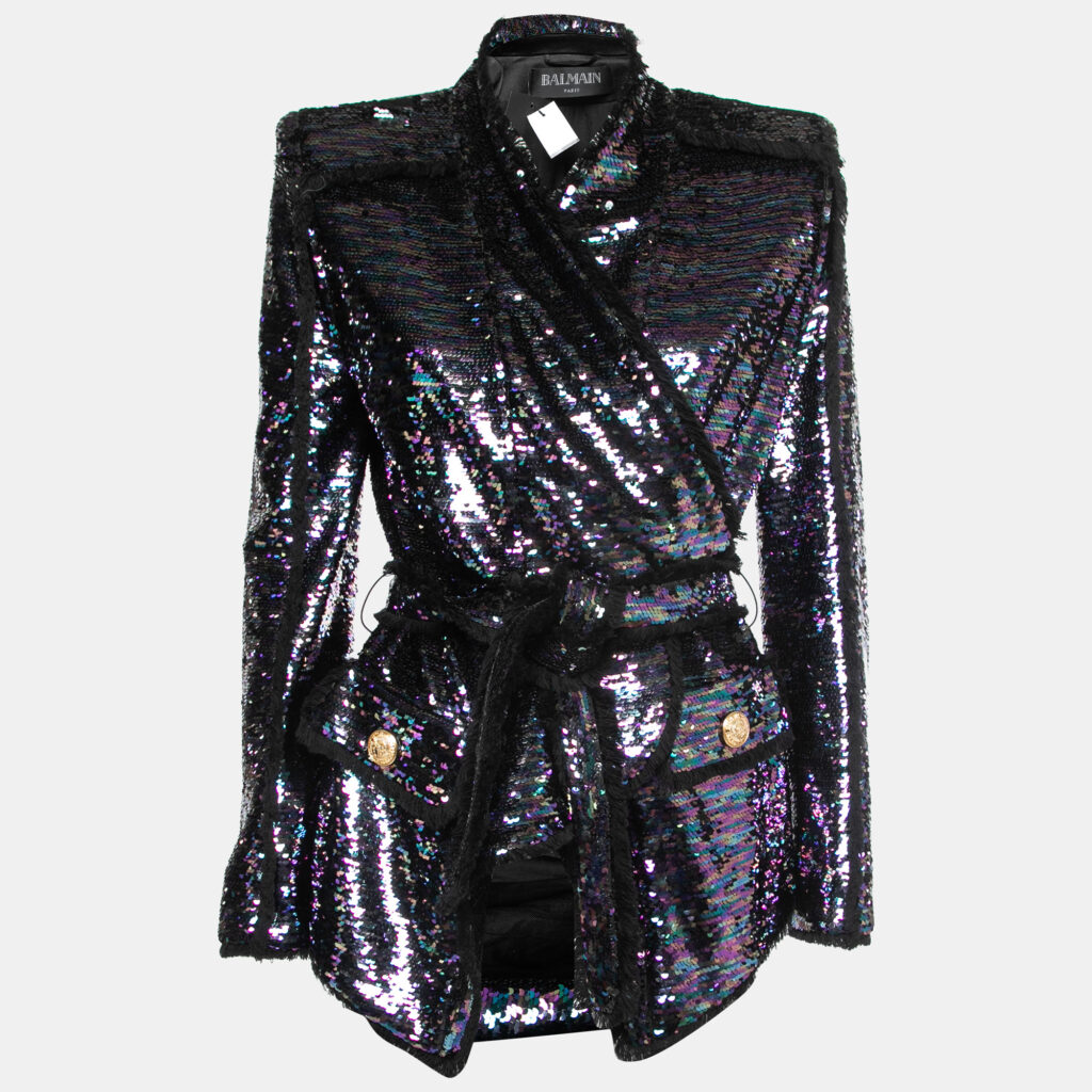 luxury-women-balmain-used-clothes-p756356-001 Balmain Purple Sequined Frayed Belted Blazer M