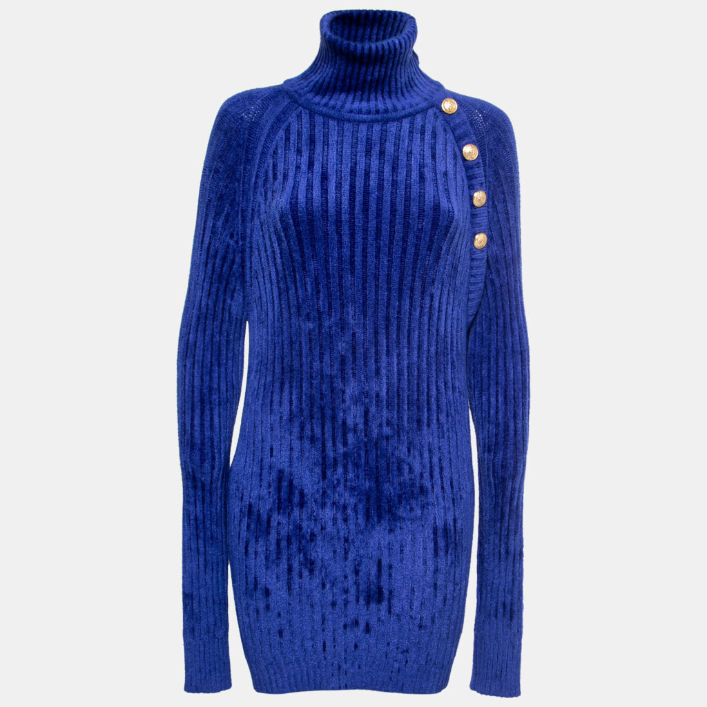 luxury-women-balmain-used-clothes-p757711-001 Balmain Blue Knit Button Embellished Turtleneck Sweater Dress M