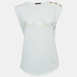Balmain White Logo Print Distressed Cotton Button Detailed Tank Top M