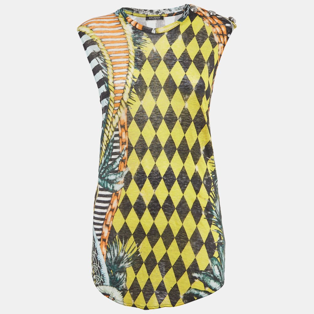 luxury-women-balmain-used-clothes-p949566-006 Balmain Vintage Multicolor Printed Linen Knit Buttoned Detail Tank Top M