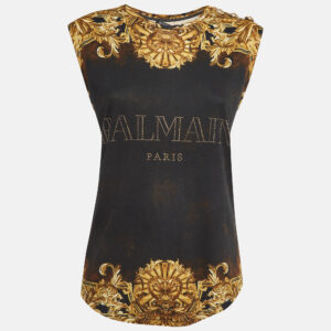 Balmain Black/Yellow Printed Jersey Sleeveless T-Shirt M