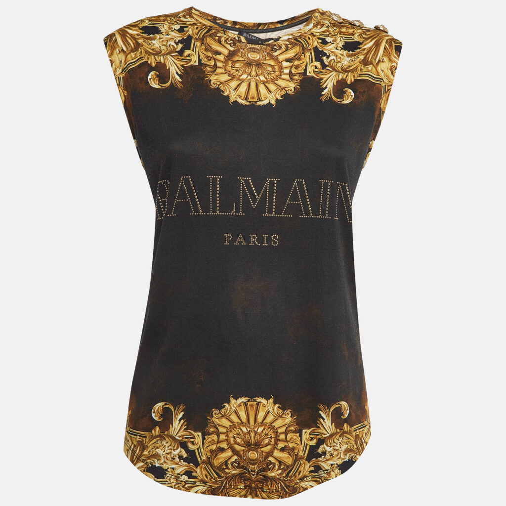 luxury-women-balmain-used-clothes-p992100-001 Balmain Black/Yellow Printed Jersey Sleeveless T-Shirt M