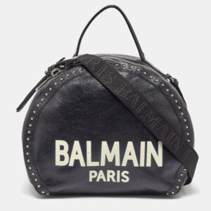 Balmain Black Leather Studded Logo Drum Top Handle Bag