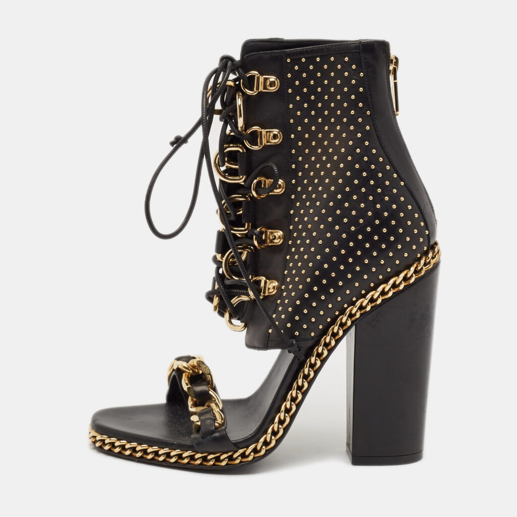 luxury-women-balmain-used-shoes-p1124943-001.jpg Balmain Black Leather Chain Lace Up Ankle Sandals Size 39