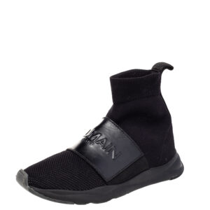 Balmain Black Leather And Knit Fabric Cameron High Top Sneakers Size 35