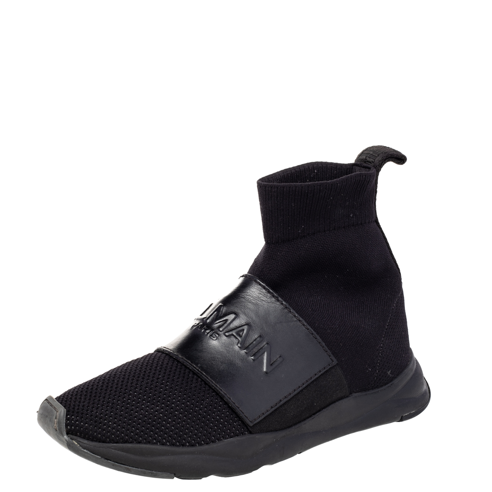 luxury-women-balmain-used-shoes-p471956-004 Balmain Black Leather And Knit Fabric Cameron High Top Sneakers Size 35