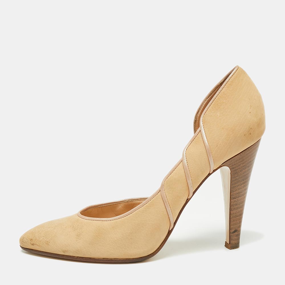 luxury-women-balmain-used-shoes-p664038-001-1 Bally Light Brown Nubuck Leather D'orsay Pointed Toe Pumps Size 39.5
