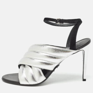 Balmain Silver/Black Quilted Leather and Suede Ankle Strap Sandals Size 40