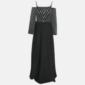 Basix Black Embellished Crepe Cold-Shoulder Gown M