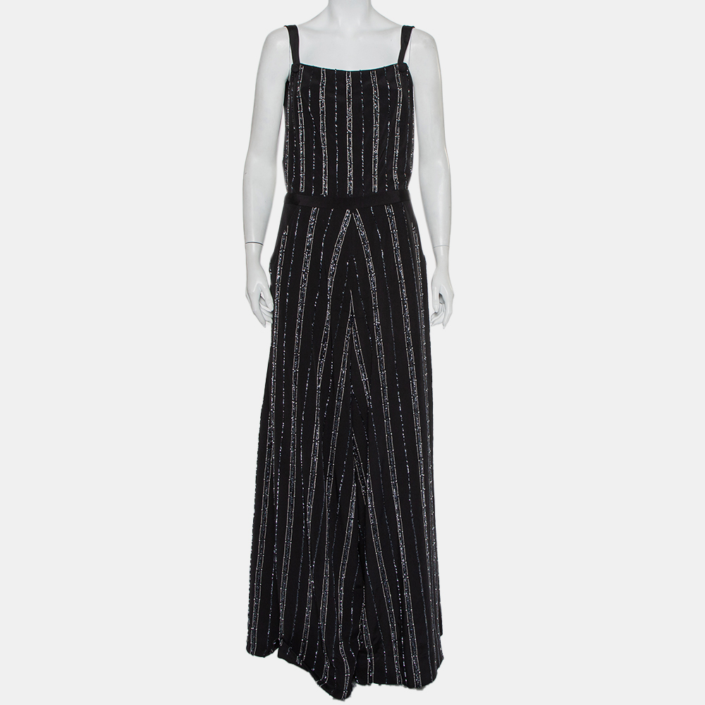 luxury-women-bazza-alzouman-used-clothes-p430602-009 Bazza Alzouman Black Silk Sequin Embellished Open Back Wide Leg Jumpsuit L