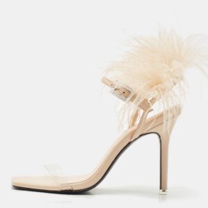 Black Suede Studio X Caroline Stanbury Beige Feather and Leather Slide Sandals Size 38
