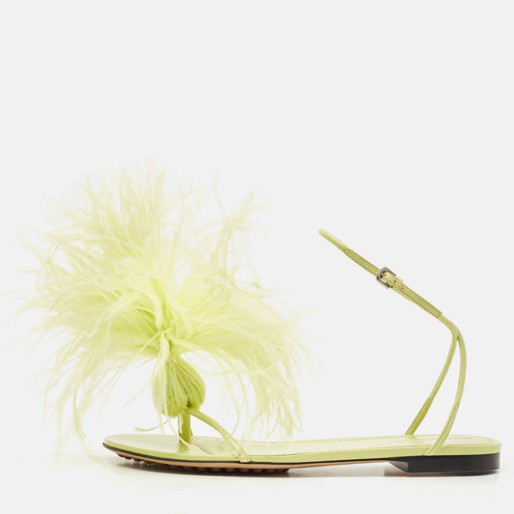 Bottega Veneta Green Feather and Leather Flat Slides Size 38