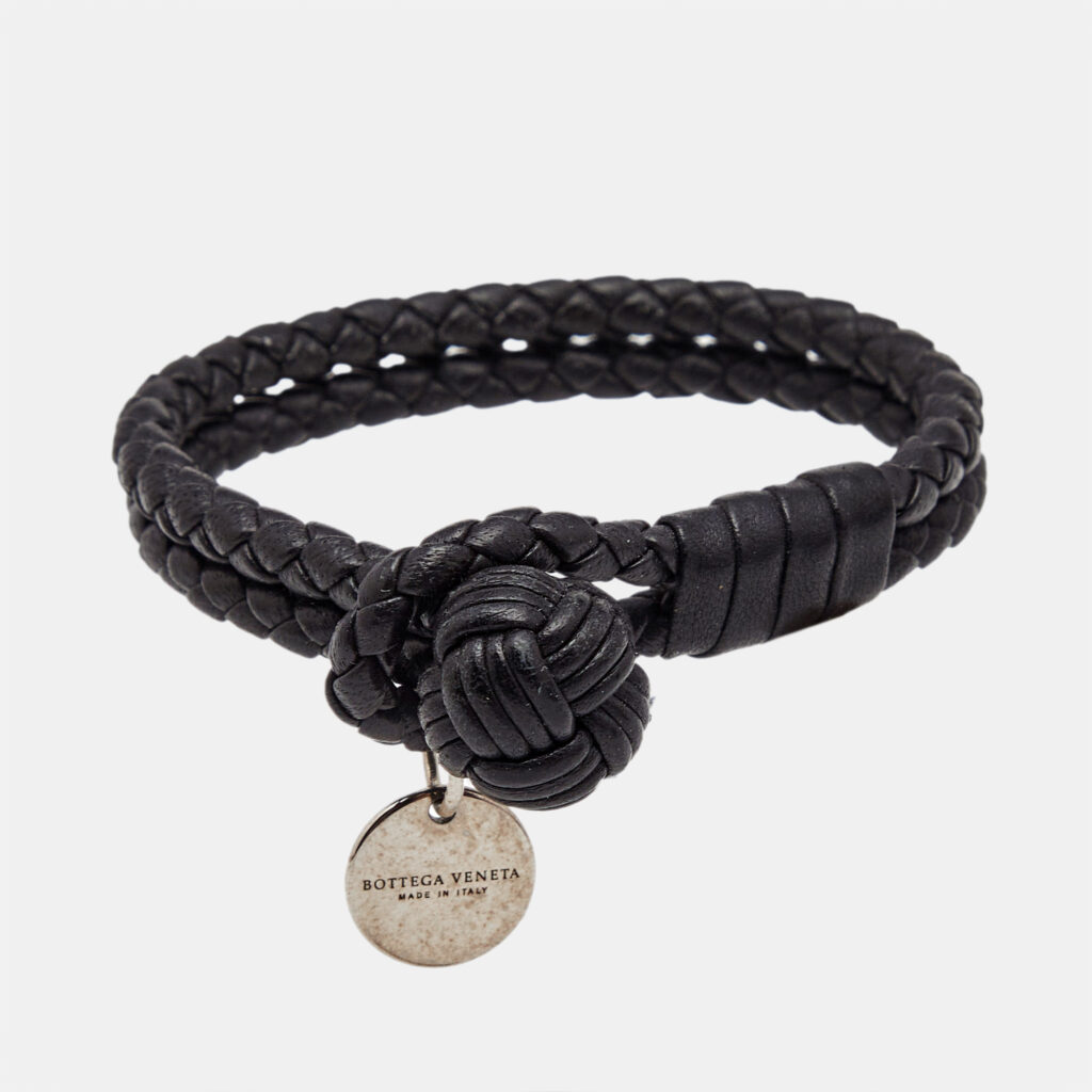 luxury-women-bottega-veneta-used-accessories-p1162046-001 Bottega Veneta Black Intrecciato Leather Silver Tone Knot Bracelet