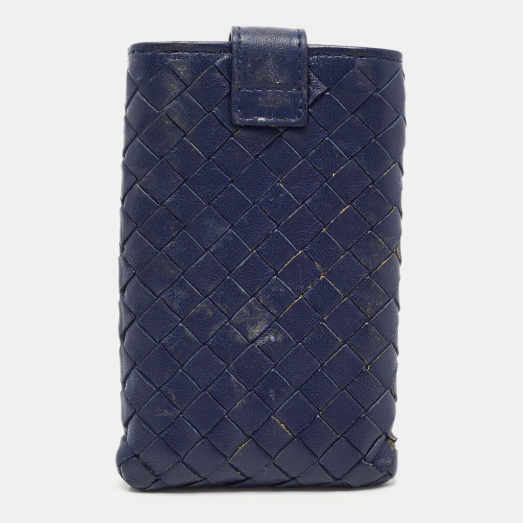 luxury-women-bottega-veneta-used-accessories-p791816-001 Bottega Veneta Dark Blue Intrecciato Leather Phone Case